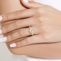 Discount Gabriel & Co. Delphe - 14K Yellow Gold Bezel Prong Emerald Cut Diamond Engagement Ring