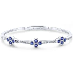 New Gabriel & Co. Demure - 14K White Gold Bangle with Diamond and Sapphire Quatrefoil Stations