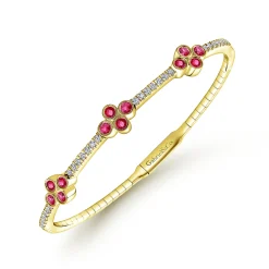 Online Gabriel & Co. Demure - 14K Yellow Gold Bangle with Diamond and Ruby Quatrefoil Stations