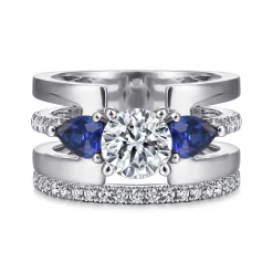 Best Gabriel & Co. Divinity - 14K White Gold Round 3 Stone Sapphire and Diamond Engagement Ring