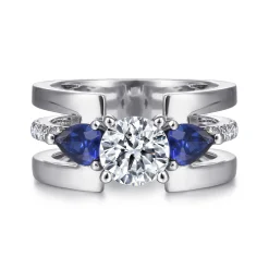 Best Gabriel & Co. Divinity - 14K White Gold Round 3 Stone Sapphire and Diamond Engagement Ring