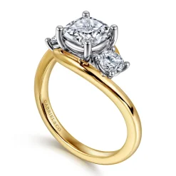 Sale Gabriel & Co. Elin - 14K White-Yellow Gold Cushion Cut Three Stone Diamond Engagement Ring
