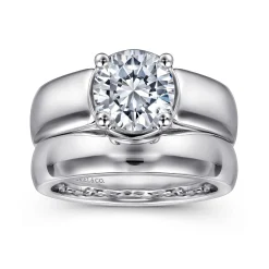 New Gabriel & Co. Elza - 14K White Gold Bezel Prong Wide Band Round Diamond Engagement Ring