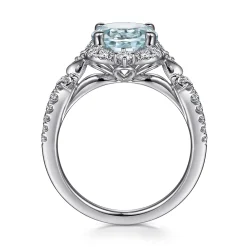 New Gabriel & Co. Emersyn - Vintage Inspired 14K White Gold Aquamarine and Diamond Halo Engagement Ring