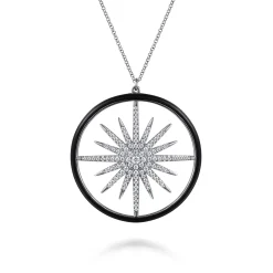 New Gabriel & Co. Enamel - 14K White Gold Diamond Starburst Pendant Necklace with Black Enamel
