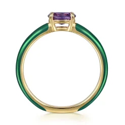 Gabriel & Co. Enamel - 14K Yellow Gold Amethyst Cocktail Stackable with Chrome Green Enamel