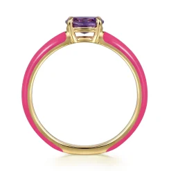 Clearance Gabriel & Co. Enamel - 14K Yellow Gold Amethyst Cocktail Stackable with Fuchsia Enamel