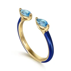Hot Gabriel & Co. Enamel - 14K Yellow Gold Blue Topaz Open Stackable with Chrome Blue Enamel
