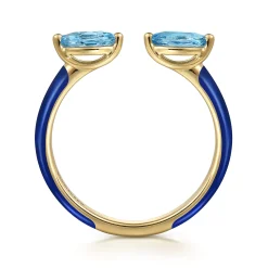 Hot Gabriel & Co. Enamel - 14K Yellow Gold Blue Topaz Open Stackable with Chrome Blue Enamel