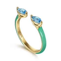 Online Gabriel & Co. Enamel - 14K Yellow Gold Blue Topaz Open Stackable with Mint Green Enamel