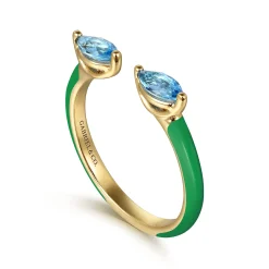 Gabriel & Co. Enamel - 14K Yellow Gold Blue Topaz Open Stackable with Emerald Green Enamel