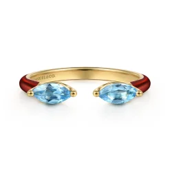 Sale Gabriel & Co. Enamel - 14K Yellow Gold Blue Topaz Open Stackable with Chrome Red Enamel