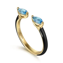 Sale Gabriel & Co. Enamel - 14K Yellow Gold Blue Topaz Open Stackable with Black Enamel
