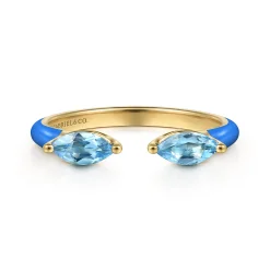 Hot Gabriel & Co. Enamel - 14K Yellow Gold Blue Topaz Open Stackable with Blue Enamel