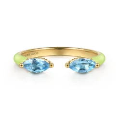 New Gabriel & Co. Enamel - 14K Yellow Gold Blue Topaz Open Stackable with Neon Yellow Enamel