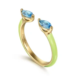 New Gabriel & Co. Enamel - 14K Yellow Gold Blue Topaz Open Stackable with Neon Yellow Enamel
