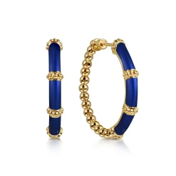 Online Gabriel & Co. Enamel - 14K Yellow Gold Bujukan Beads and Bar Split Classic Hoop with Chrome Blue Enamel