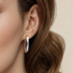 New Gabriel & Co. Enamel - 14K Yellow Gold Bujukan Beads and Blue Topaz Classic Hoop Earrings with White Enamel