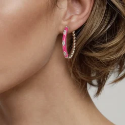 Hot Gabriel & Co. Enamel - 14K Yellow Gold Bujukan Beads and Diamond Split Classic Hoop with Fuchsia Enamel