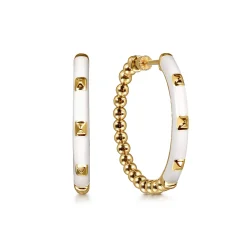 Outlet Gabriel & Co. Enamel - 14K Yellow Gold Bujukan Beads Classic Hoop Pyramid Earrings with White Enamel