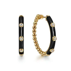 Best Gabriel & Co. Enamel - 14K Yellow Gold Bujukan Beads and Diamond Split Classic Hoop with Black Enamel