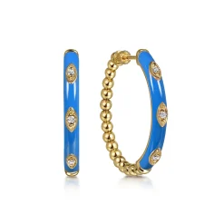 Discount Gabriel & Co. Enamel - 14K Yellow Gold Bujukan Beads and Diamond Split Classic Hoop with Blue Enamel