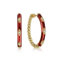 Online Gabriel & Co. Enamel - 14K Yellow Gold Bujukan Beads and Diamond Split Classic Hoop with Chrome Red Enamel