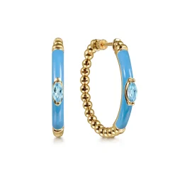 Outlet Gabriel & Co. Enamel - 14K Yellow Gold Bujukan Beads and Blue Topaz Classic Hoop Earrings with Dusk Blue Enamel