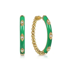 Sale Gabriel & Co. Enamel - 14K Yellow Gold Bujukan Beads and Diamond Split Classic Hoop with Emerald Green Enamel
