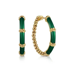 Gabriel & Co. Enamel - 14K Yellow Gold Bujukan Beads and Bar Split Classic Hoop with Chrome Green Enamel