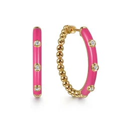 Discount Gabriel & Co. Enamel - 14K Yellow Gold Bujukan Beads and Diamond Split Classic Hoop with Fuchsia Enamel
