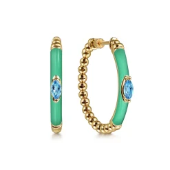 Hot Gabriel & Co. Enamel - 14K Yellow Gold Bujukan Beads and Blue Topaz Classic Hoop Earrings with Mint Green Enamel