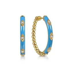 Discount Gabriel & Co. Enamel - 14K Yellow Gold Bujukan Beads and Diamond Split Classic Hoop with Dusk Blue Enamel