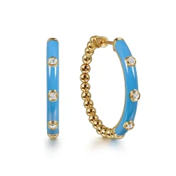Sale Gabriel & Co. Enamel - 14K Yellow Gold Bujukan Beads and Diamond Split Classic Hoop with Dusk Blue Enamel