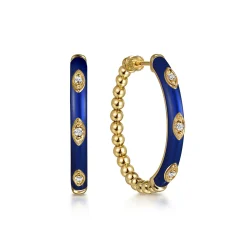 Hot Gabriel & Co. Enamel - 14K Yellow Gold Bujukan Beads and Diamond Split Classic Hoop with Chrome Blue Enamel