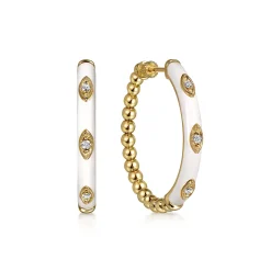 Hot Gabriel & Co. Enamel - 14K Yellow Gold Bujukan Beads and Diamond Split Classic Hoop with White Enamel