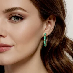 Discount Gabriel & Co. Enamel - 14K Yellow Gold Bujukan Beads Classic Hoop Pyramid Earrings with Mint Green Enamel