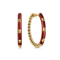 Gabriel & Co. Enamel - 14K Yellow Gold Bujukan Beads Classic Hoop Pyramid Earrings with Chrome Red Enamel