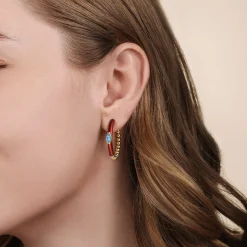 Clearance Gabriel & Co. Enamel - 14K Yellow Gold Bujukan Beads and Blue Topaz Classic Hoop Earrings with Chrome Red Enamel