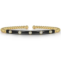 Hot Gabriel & Co. Enamel - 14K Yellow Gold Bujukan Beads and Diamond Split Bangle with Black Enamel