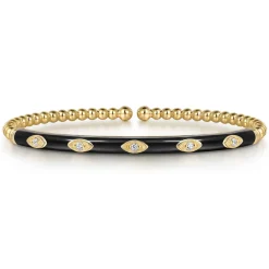 Clearance Gabriel & Co. Enamel - 14K Yellow Gold Bujukan Beads and Diamond Split Bangle with Black Enamel
