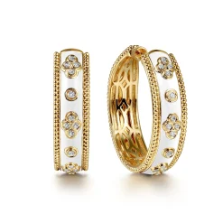 Discount Gabriel & Co. Enamel - 14K Yellow Gold Bujukan Diamond Classic Hoop Earrings with White Enamel