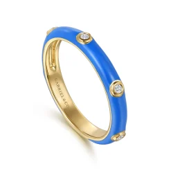 Sale Gabriel & Co. Enamel - 14K Yellow Gold Diamond Split Stackable with Blue Enamel