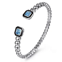 Hot Gabriel & Co. Enamel - 925 Sterling Silver Bujukan Blue Topaz Open Bangle with Black Enamel