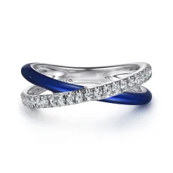 Outlet Gabriel & Co. Enamel - 925 Sterling Silver White Sapphire Criss Cross Stackable with Chrome Blue Enamel