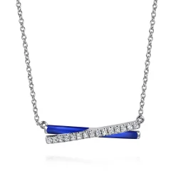 Hot Gabriel & Co. Enamel - 925 Sterling Silver White Sapphire Criss Cross Bar Necklace with Chrome Blue Enamel