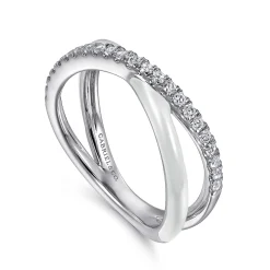 Clearance Gabriel & Co. Enamel - 925 Sterling Silver White Sapphire Criss Cross Stackable with White Enamel