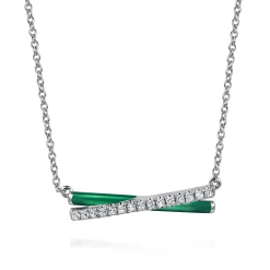 New Gabriel & Co. Enamel - 925 Sterling Silver White Sapphire Criss Cross Bar Necklace with Chrome Green Enamel