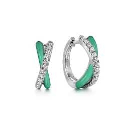 Gabriel & Co. Enamel - 925 Sterling Silver White Sapphire Criss Cross Huggies with Mint Green Enamel