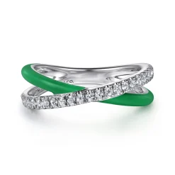Clearance Gabriel & Co. Enamel - 925 Sterling Silver White Sapphire Criss Cross Stackable with Emerald Green Enamel